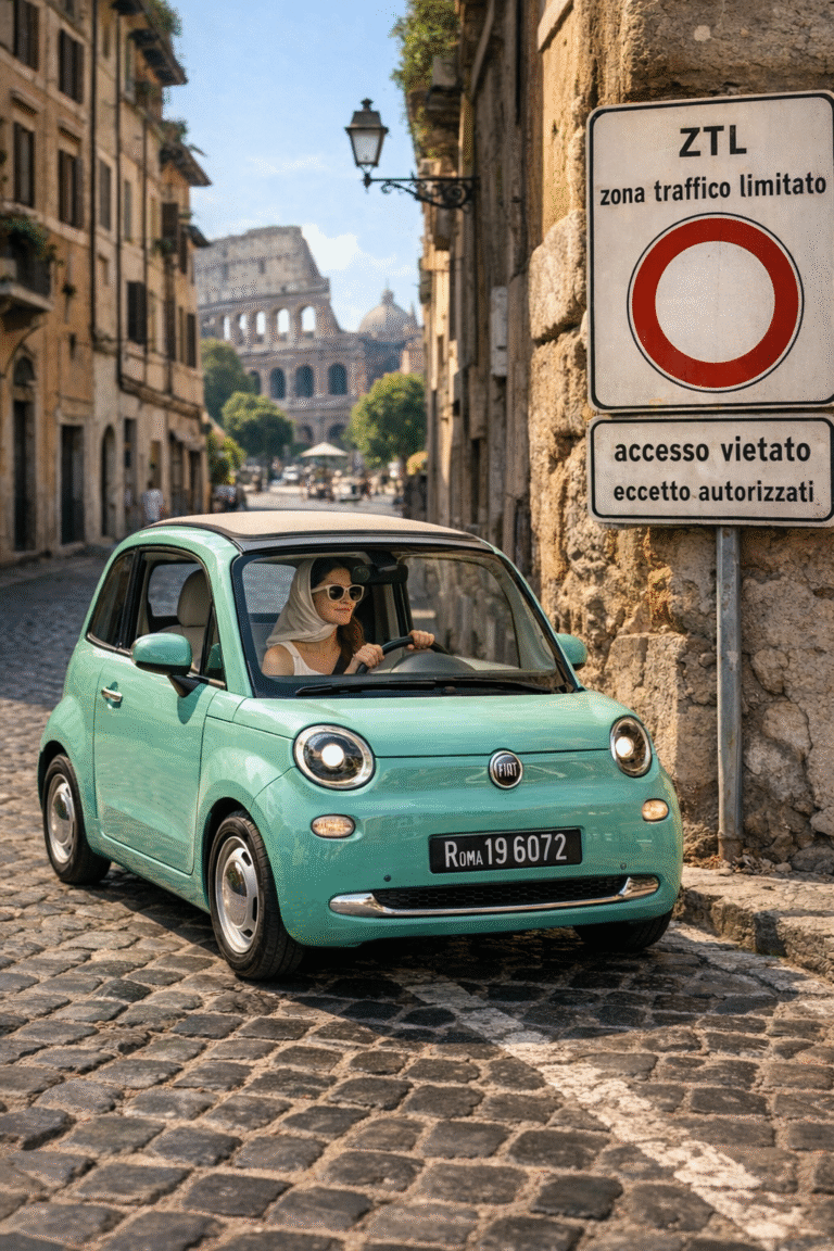auto entrando en zona ZTL en el centro histórico de Roma con señal de tráfico limitado visible
