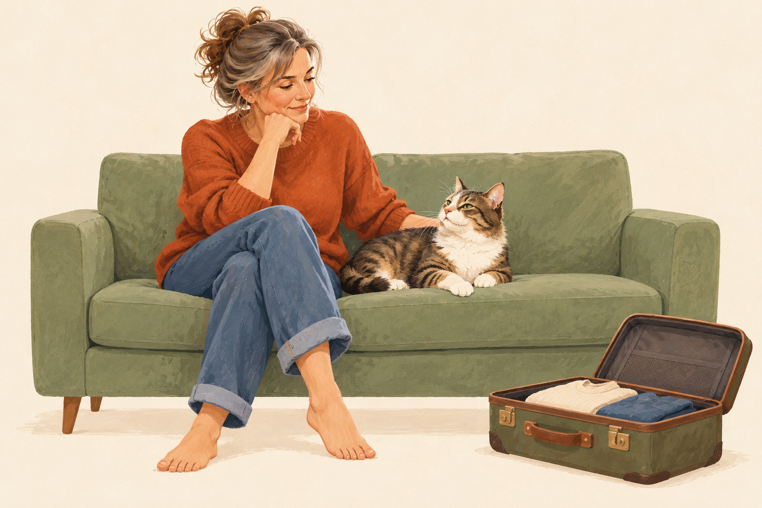 Ilustración de una mujer sentada junto a su gato y una maleta abierta